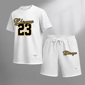 This men's printed drawstring shorts set, featuring design number 23, is ideal for spring and summer. This casual summer outfit includes a short-sleeved shirt and shorts, suitable for everyday wear and athletic activities.
