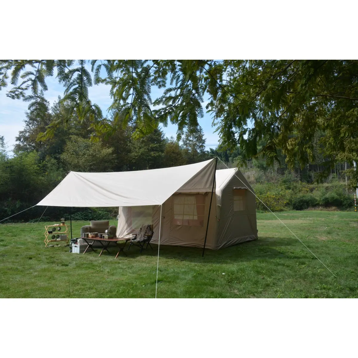 9.8*13ft Inflatable Camping Tent with Canopy| Waterproof Windproof Air Glamping Tent| Easy Setup with Hand Pump| Beige