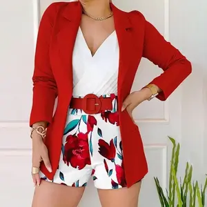 Women's Long Sleeve Blazer & Floral Print Shorts Set With Belt  Womenswear Clothes
