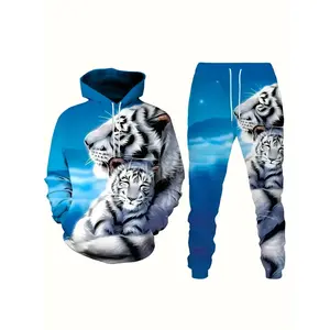 Men’s casual tiger-print two-piece set featuring a hooded long-sleeve sweatshirt and sports pants, suitable for autumn and winter.