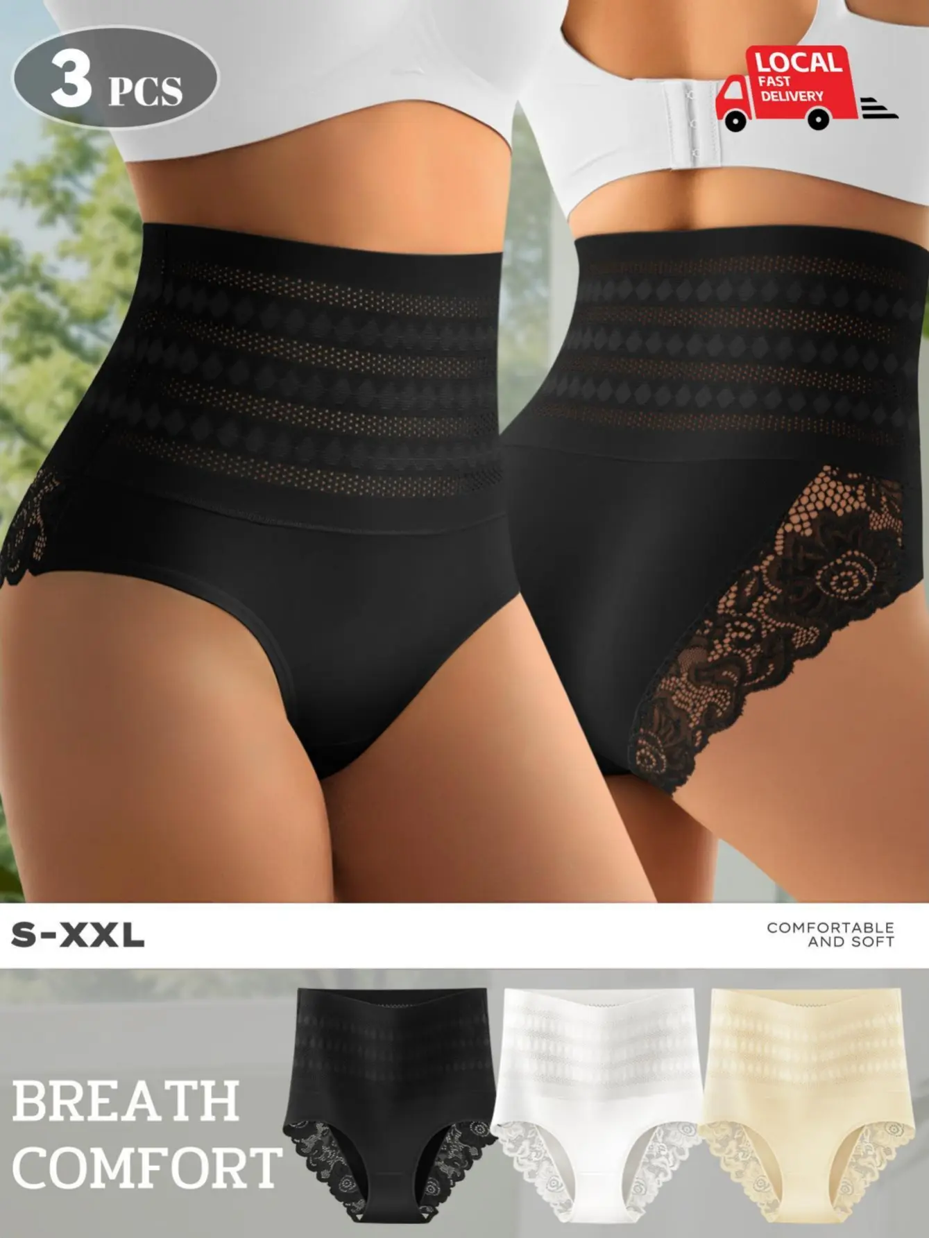 Women's 3PCS Plus Size High-Waist Lace Trim Mesh Briefs Set, Seamless Hollow-Out Boxer Knickers Panties , Stay-Put Fit Firm Control Ultra-Light Fabric Breathable Soft Skin-Friendly Stretchy Seamless Minimalist Comfort Daily Cheeky Underwear, S-5XL