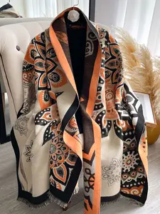 Women's Elegant Ethnic Print Shawl, Thick Warm Scarf, Textured Blanket Scarf for Fall & Winter, Perfect Gift for Women, Fashion Accessory for Any Occasion