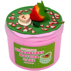 Strawberry Matcha Cake 8oz Slime Thick & Glossy x Soy Wax Topper Texture Scented Strawberry Matcha