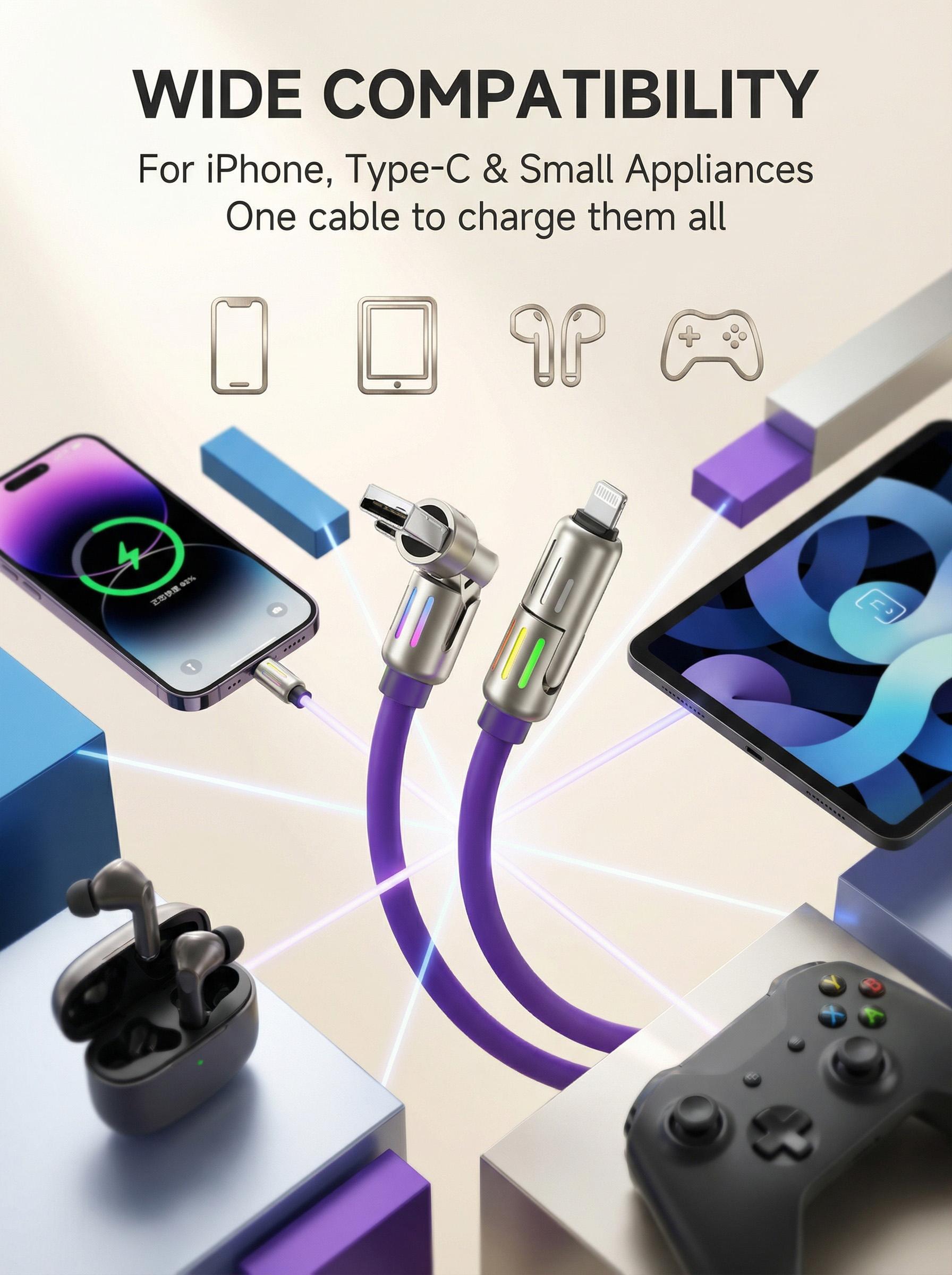[Buy 1 Get 1 Free] 4-in-1 Multi Charging Cable 6.6ft, 65W Fast Charging & Data Sync Cord with USB A Type C Lightning Port, LED Breathing Light Universal Charger Cable for iPhone 16/15 iPad Pro All Smart Devices