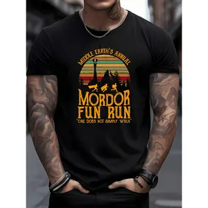 Men's Casual Short Sleeve Graphic Tee - Middle Earth's Annual Mordor Fun Run Print with One Door Doesn't Grampy Wall Slogan, Black & Yellow Lettering, Regular Fit Summer T-Shirt for Men, T-shirt Stylish