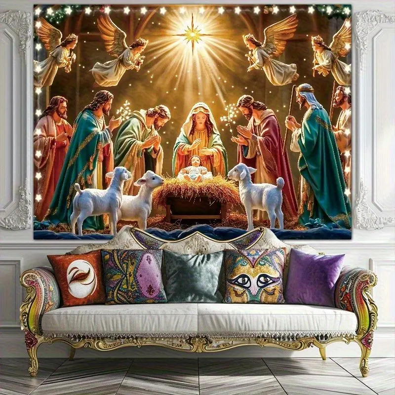 1pc Peach Velvet Knit Christmas Nativity Scene Tapestry - Synthetic Polyester Home Supplies, Living Room & Bedroom Nativity Art Decoration Background Cloth with Free Installation Package