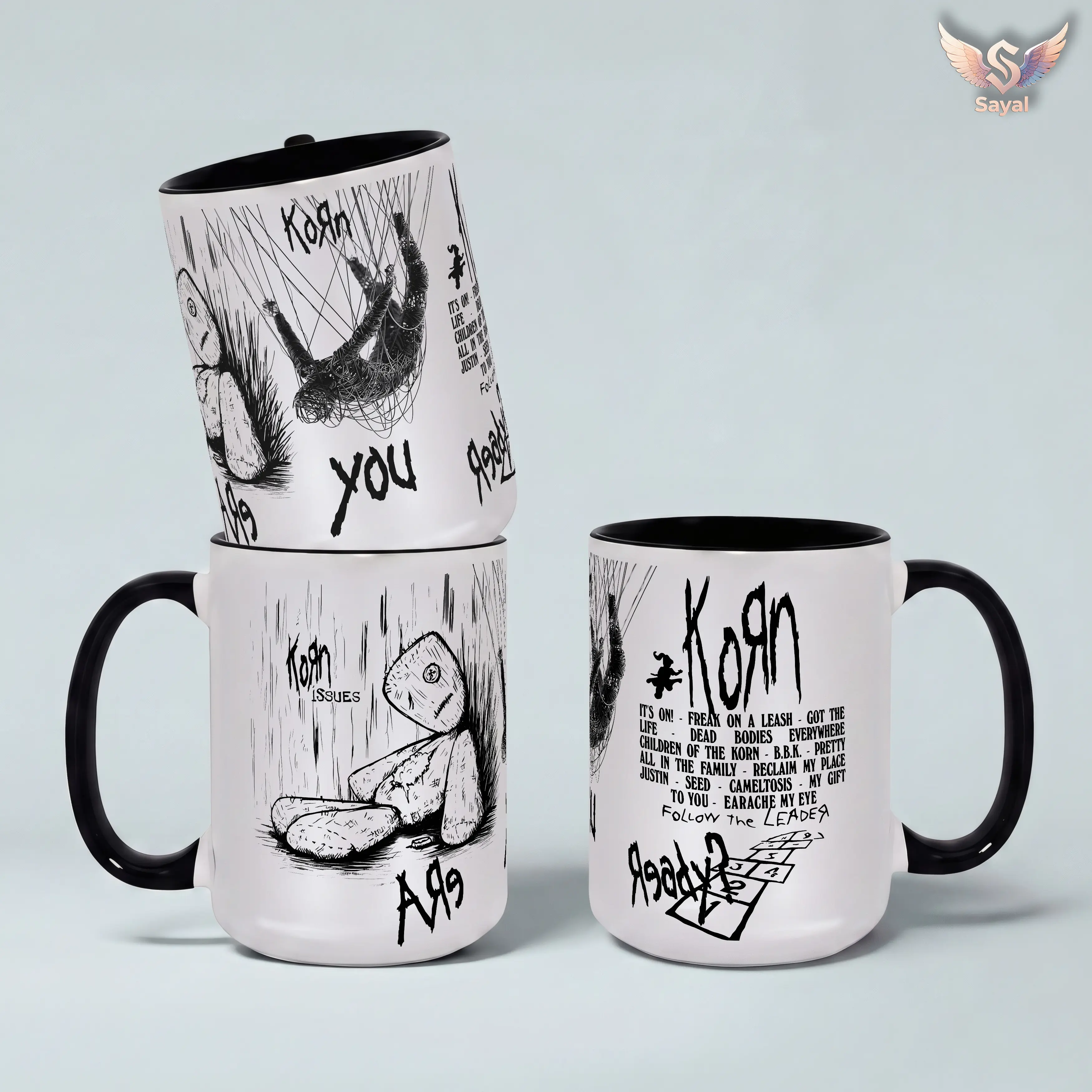 Korn Follow The Leader Issues 11oz 15oz Ceramic Coffee Mug Black Handle White Sketch Art Nu Metal Band Merch For Music Fans