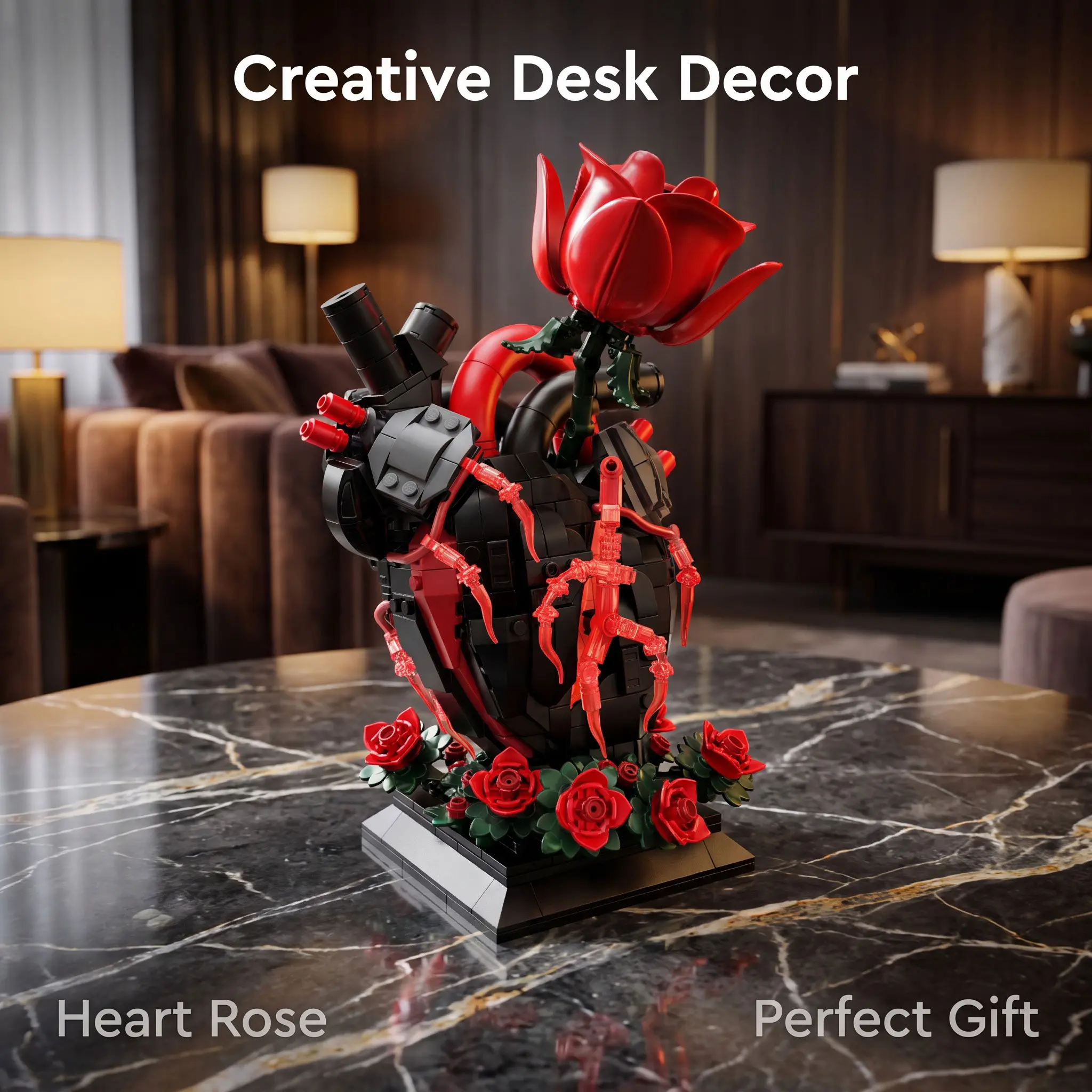 anatomical heart building blocks、gothic decor、mechanical heart、rose brick set、adult diy model、valentine gift、dark aesthetic desk ornament