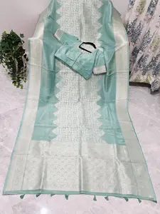 Celestial Mint Gold Geometry Soft Tissue Saree with Stitched Blouse