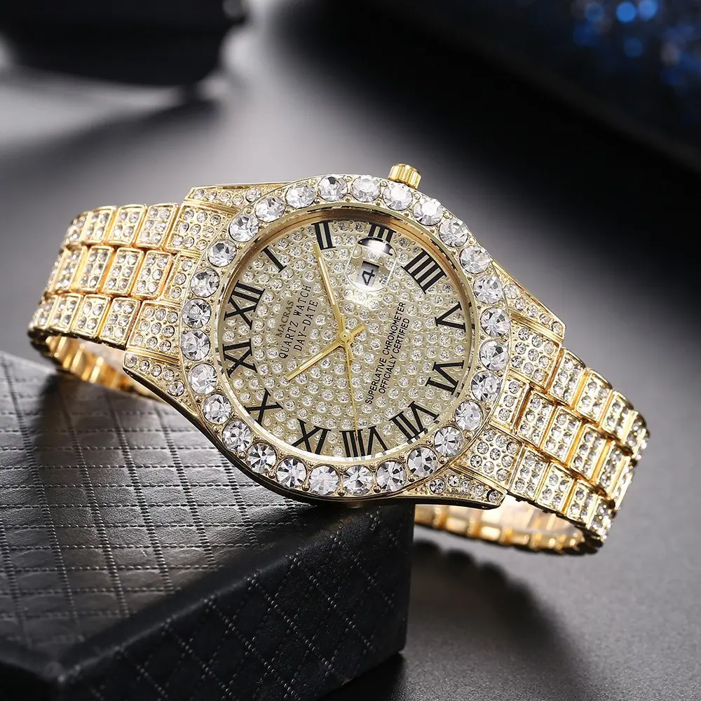Men's Crystal Encrusted Wrist Watch - Roman Numeral Dial with Date, Diamond Bling Pavé Face, Stainless Steel Quartz Dress Watch, Crystal Encrusted Wrist Watches, Diamond Bling Wrist Watches