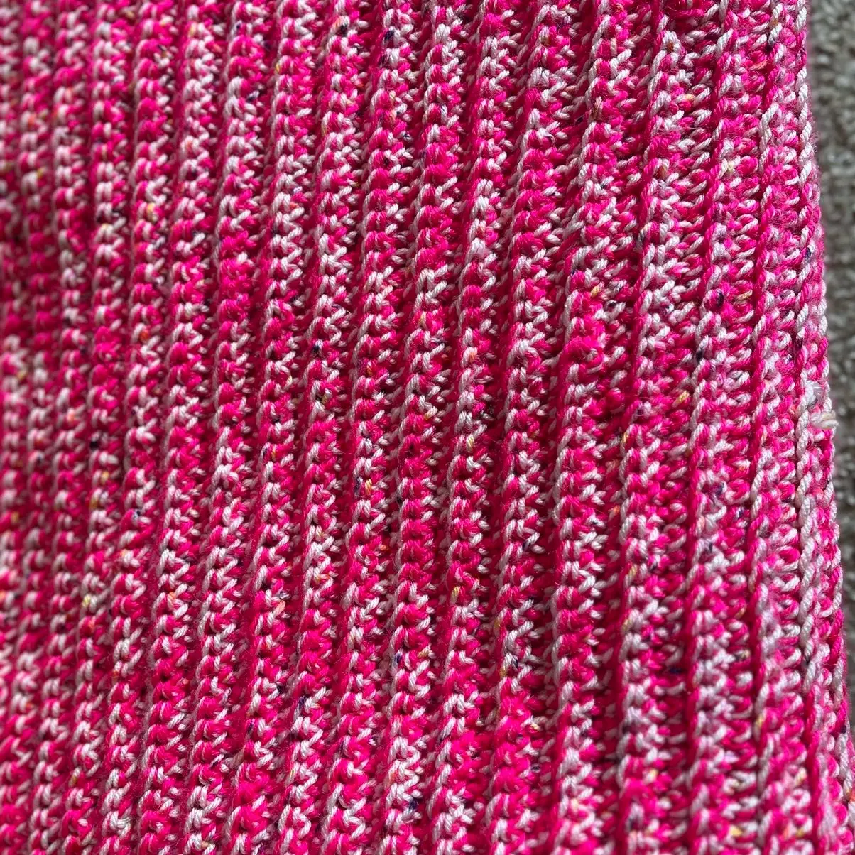 Pink crochet blanket, 63 length by 38 width
