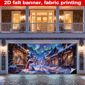 Christmas Garage Banner, Durable Polyester Material, Snowman with Hat, European Shopfronts, Arctic Lights, Perfect for Christmas Party