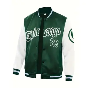Men's Casual Letter Print Color Block Varsity Jacket, Chic Style Baseball Collar Jacket