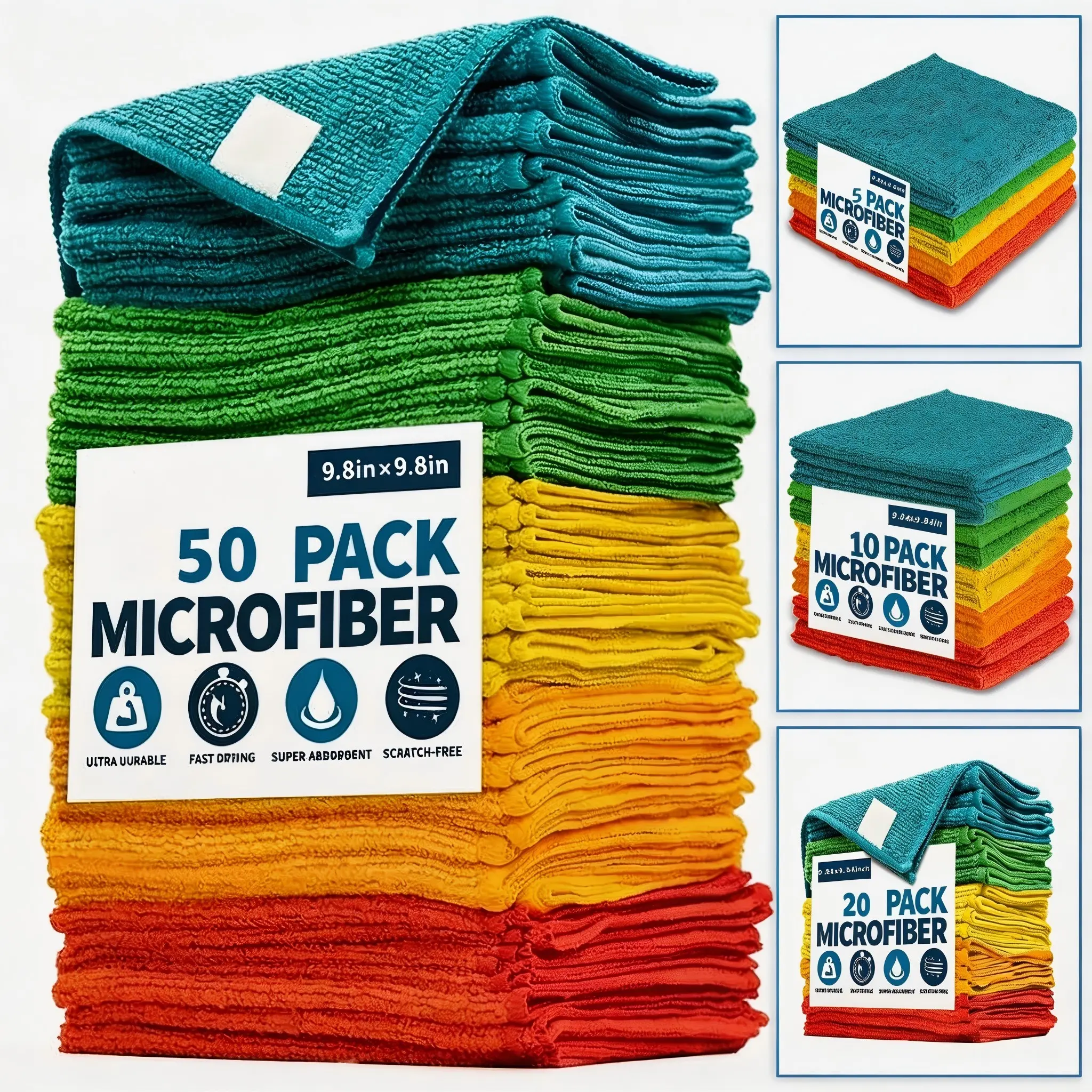 Ultra-Absorbent Quick-Dry Microfiber Super Absorbent Cloths, 5/10/20/50pcs, 9.84x9.84in, Scratch-Free Microfiber Cleaning Towels, Ideal for Kitchen & Bathroom, Durable & Vibrant Colors