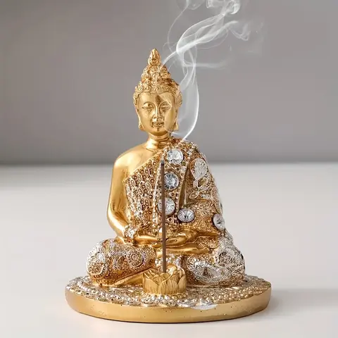 1-piece set, inlaid with diamonds, Buddha figurine incense burner decor, suitable for tea, yoga & meditation rooms, tabletop decoration, golden Buddha resin craftsmanship, incense stick, Aromatherapy Scent Diffuser, Home Fragrance Products