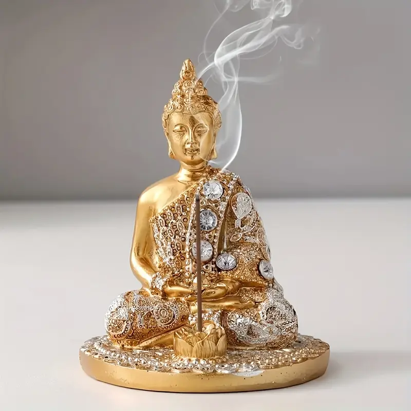 1-piece set, inlaid with diamonds, Buddha figurine incense burner decor, suitable for tea, yoga & meditation rooms, tabletop decoration, golden Buddha resin craftsmanship, incense stick, Aromatherapy Scent Diffuser, Home Fragrance Products