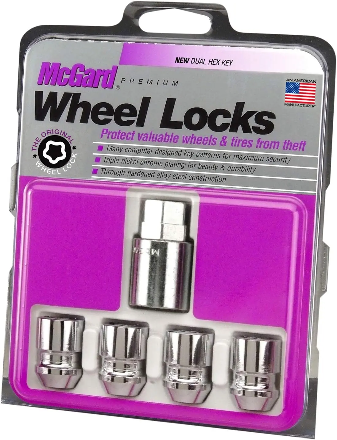 Chrome Finish Car Wheel Lock Set 24157 - Cars Accessories, Cone Seat, M12x1.5 Thread, 13/16 Key Hex, Automotive Wheel Theft Prevention Security Locks