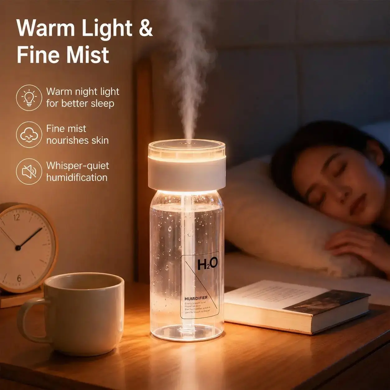 Back to School!Portable electronic humidifier, durable and long-lasting, with fine mist, comes with a USB charger, transparent body, includes a storage bag, fits in a car cup holder, effectively solves humidity issues, and brightens up your space