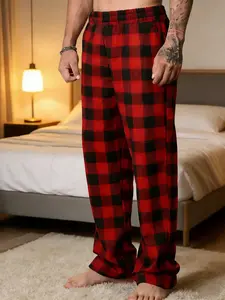 Cozy Red Black Plaid Checkered Flannel Lounge Pants for Men - Elastic Waist Sleep Bottoms, Casual Nightwear | TikTok Viral PajamaTok Finds