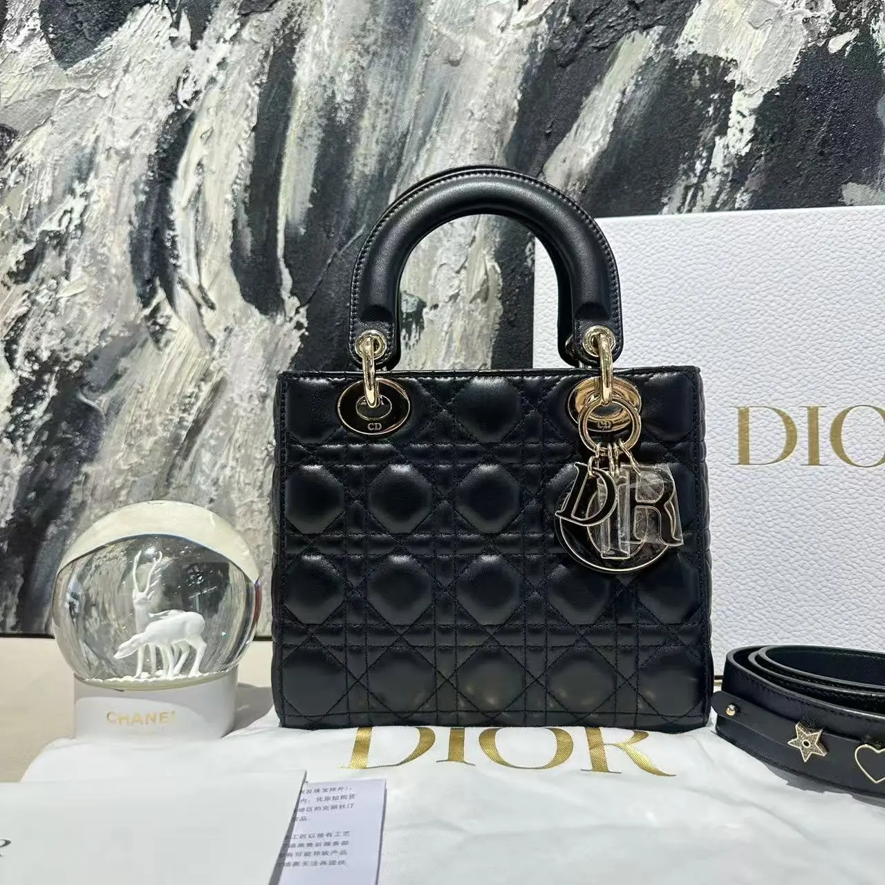 Pre-owned Dior Lady Black Lambskin Bag with Enamel Charms – Gold Hardware & Wide Strap – Authentic Shoulder Handbag