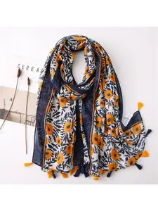 Japanese-style bohemian cashew print cotton-linen scarf with retro patchwork, artistic and fresh aesthetic, elegant sun-protective shawl, Tassel Decor Shawl