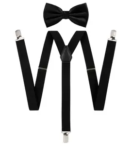 Solid Men's Suspenders + Braided Bow Tie Set for Wedding: Bright Colors, Adjustable Brackets, Sturdy Clips, Elastic Band
