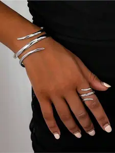 2 fashionable retro chic silver geometric line bracelets+ring set, fashionable and lightweight summer long lasting colorful thick bracelets and rings jewelry set, suitable for women's daily wear of various holiday party event jewelry