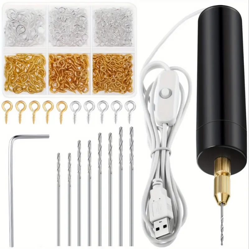 Mini Drill Set, Electric Metal Hand Drill with 36V Power for DIY Resin Crafting, Includes 400 Gold & Silver Eye Pins, Tool Kit, Jewelry Making, Eye Pins Kit