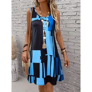 Color Block Tank Dress, Casual Sleeveless Crew Neck Mini Dress For Summer&Spring, Women's Clothing Collar Fabric Womenswear Polyester Comfort Sky Blue
