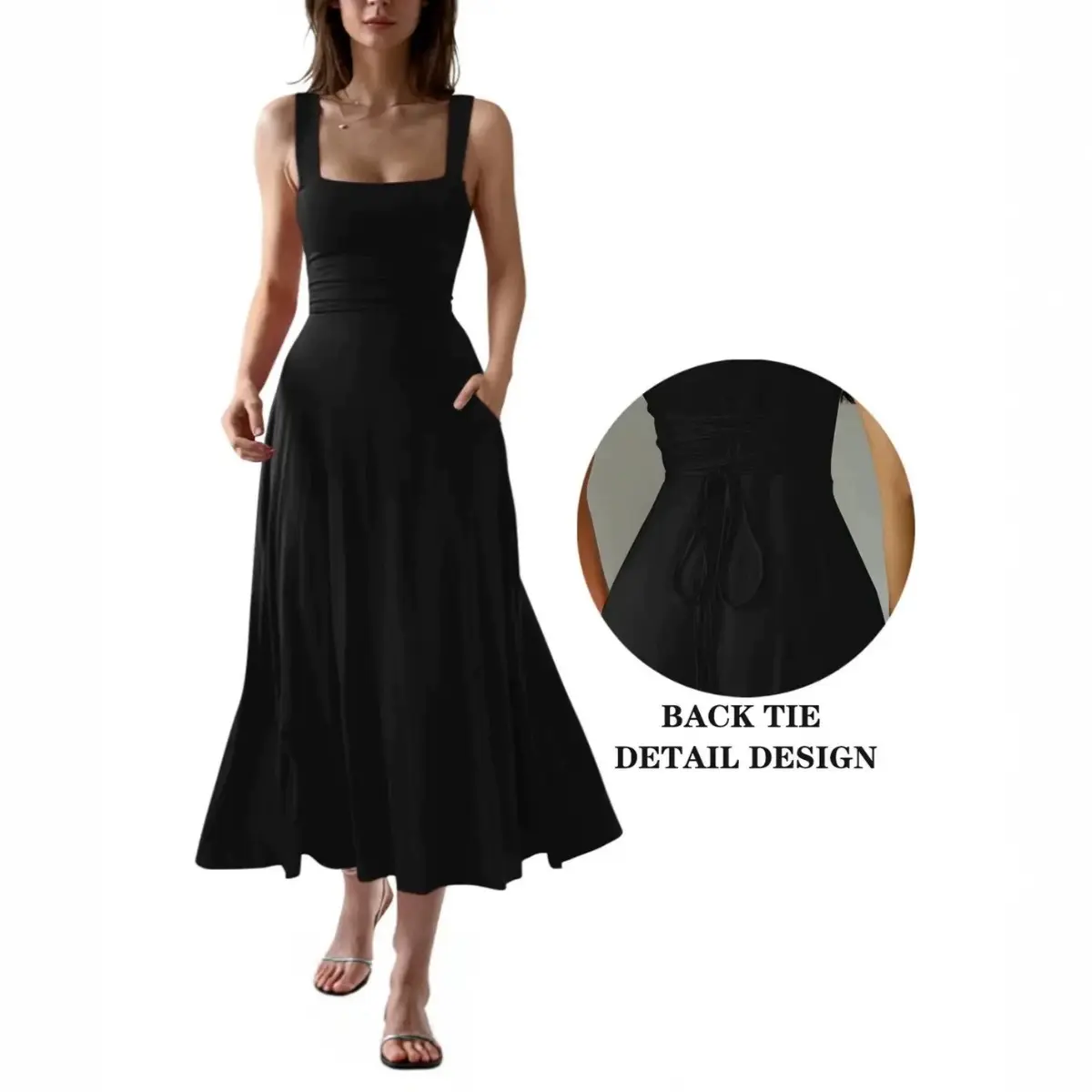 Women's Casual Sleeveless Square Neck A-Line Solid Slim Flowy Long Dress with Pockets & Back Tie Detail Design
