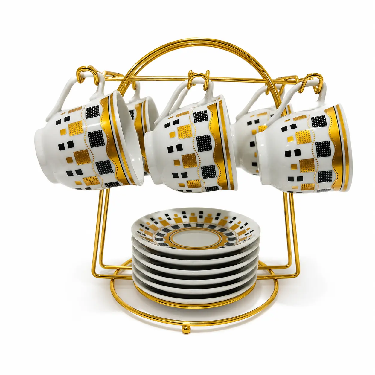 Geometric Ceramic Beverage Cup Set - 13-Piece Ceramic Mug Kit, 6 Cappuccino Cups, 6 Matching Saucers, Gold Metal Kitchen Drinkware Stand, Easy to Display, Ideal Gift Option