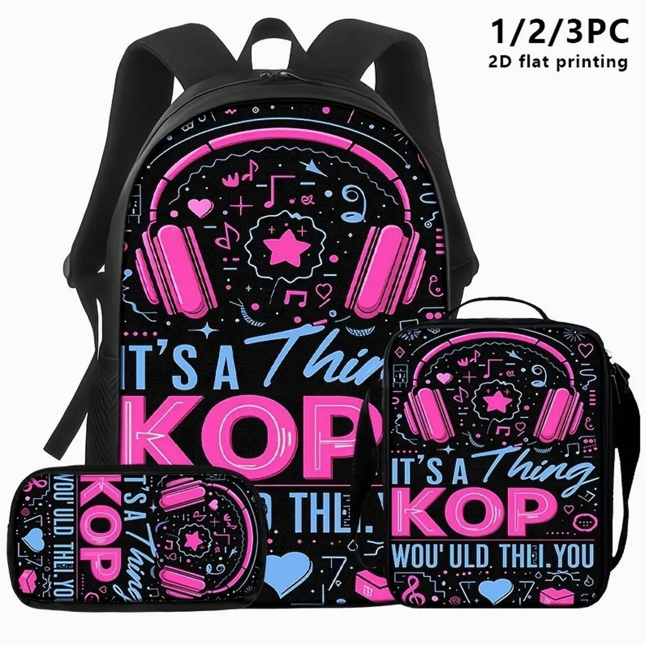 Y2K Avant-Garde Pop Culture Printed Backpack Combo, Lightweight Laptop Daypack with Shoulder Bag & Pencil Case for Campus