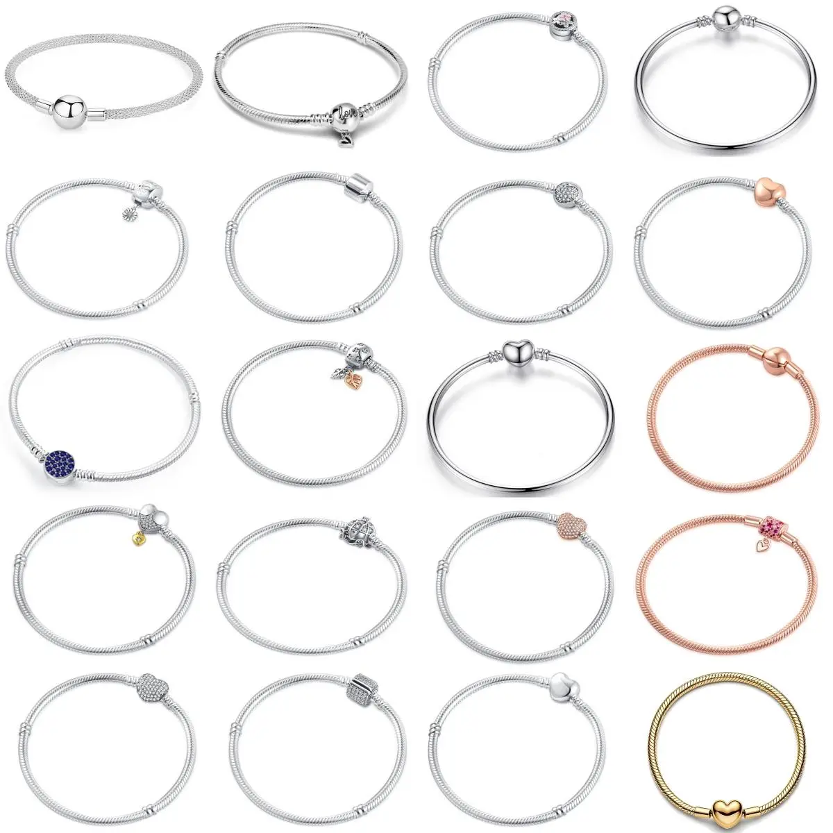 925 Sterling Silver Snake Chain Bracelets for Women Rose Gold Gold Heart Clasp Charm Bracelet DIY Bangle Jewelry Gift