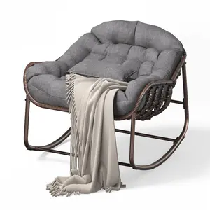 Oversized Rocking Comfort – Outdoor Papasan Patio Chair – Wicker Rattan Egg Lounge Water-Resistant Cushion Heavy Duty 450 lbs Capacity Metal Frame – Ideal for Balcony Porch Garden Backyard Bedroom