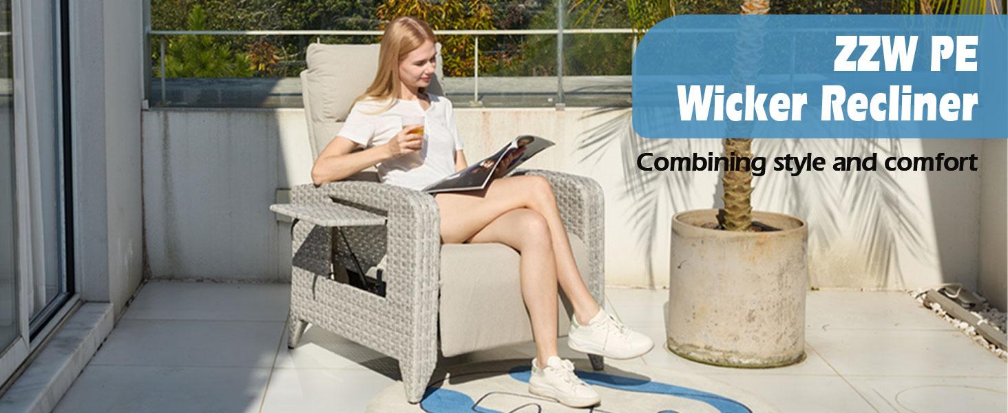 ZZWHOM Cozy PE Wicker Recliner with Side Table – 1/2 PCS Set, Outdoor Patio Chair with Reclining Back, Swivel & Non-Swivel Options for Morning Coffee on Balcony or Poolside Lounging
