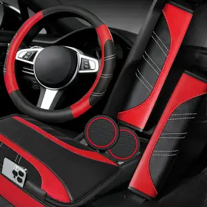 6 Pcs Red Car Accessories Set, Sport Leather Steering Wheel Cover 14.5-15inch Universal, Microfiber Leather Car Center Console Cover, Seat Belt Cushion, Cu