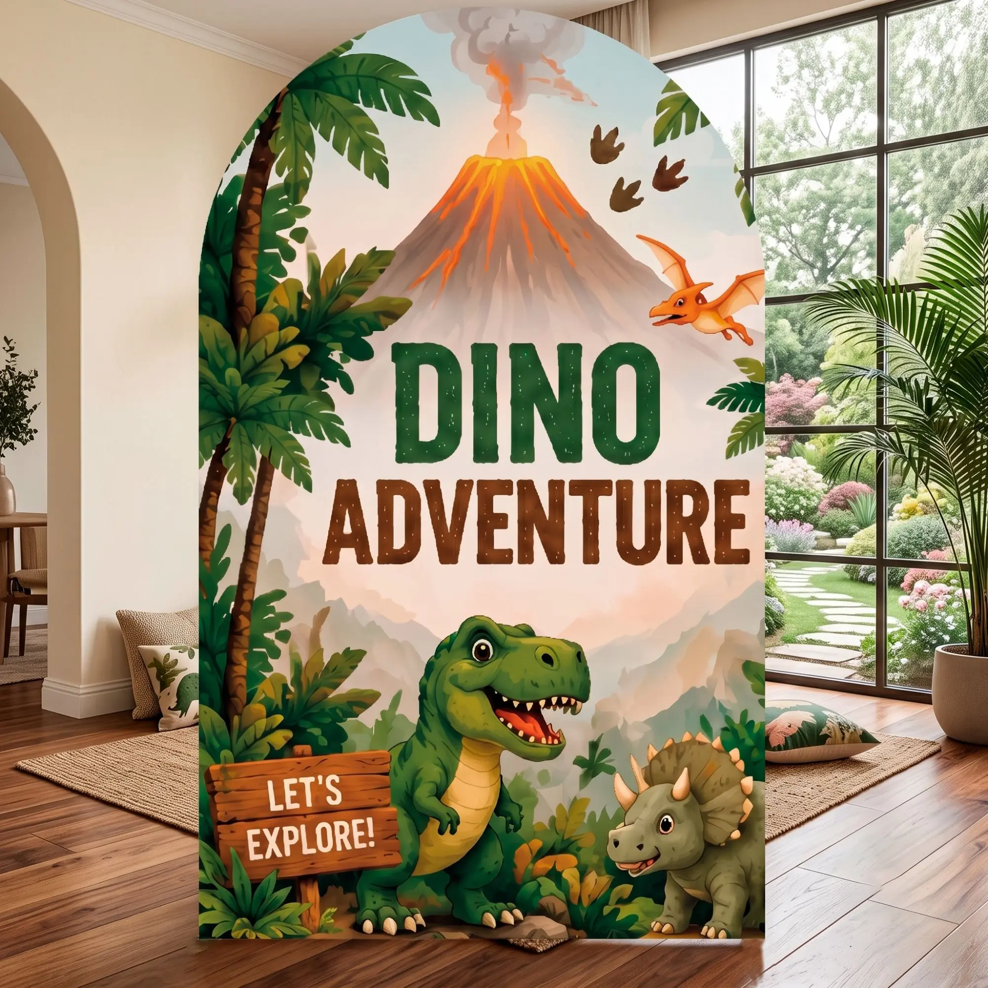 Arch Shape Dino Adventure Theme Foamboard Photo Backdrop - Vibrant Print, Wrinkle-Free, Party Decorations, Birthday Party Decor, Backdrop Display, Home Supply Banner