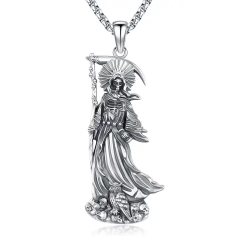 DRINSPER 925 Sterling Silver Unisex Santa Muerte Grim Reaper Spiritual Pendant Necklace, Adjustable Chain, Removable Mythology Magic Wiccan Pagan Amulet, Daily Casual Jewelry for Couples’ Birthday Gifting