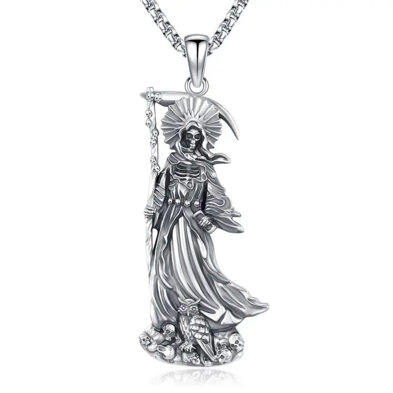 DRINSPER 925 Sterling Silver Unisex Santa Muerte Grim Reaper Spiritual Pendant Necklace, Adjustable Chain, Removable Mythology Magic Wiccan Pagan Amulet, Daily Casual Jewelry for Couples’ Birthday Gifting