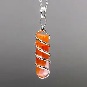 Wire Wrapped Carnelian Point Pendant Necklace - 18 Inch Chain