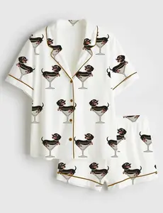Weenies Martinis Dachshund Dog Soociial Clubb Satin Short Pajama Set, Cocktail Retro Bar Short Pajamas, Matching Family Sleepwear Set, Pajama Set For Men Women Kids