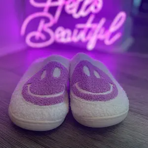 Purple Smiley Face Happy Feet Cozy Slippers Footwear Walking Shoes Slide Women Comfort