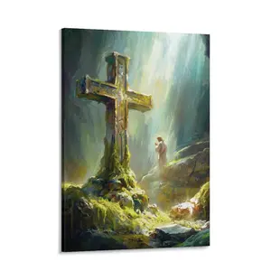 Jesus In The Light Christian Faith Religious Painting Canvas Print Divine Cave Light Cross Ancient Mossy Stone Cross Wall Art for Home Church Decor