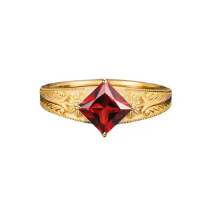 Hand-Engraved Vintage Princess-Cut Ruby Ring in Solid Yellow Gold - Bold Art-Deco Men's Wedding Band & Promise Ring 6 mm Princess Ruby Solitaire Engraved Gold Band Vintage Men's Engagement Ring Handmade LA Made to Order 7-10 Days