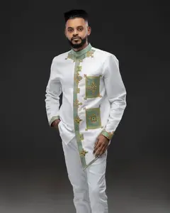 Green Habesha Men’s Outfit| Modern Ethiopian Men's Shirt| Tilf Embroidery| Eritrean Men's Style Clothing, New  Habesha Cultural Wear For Men