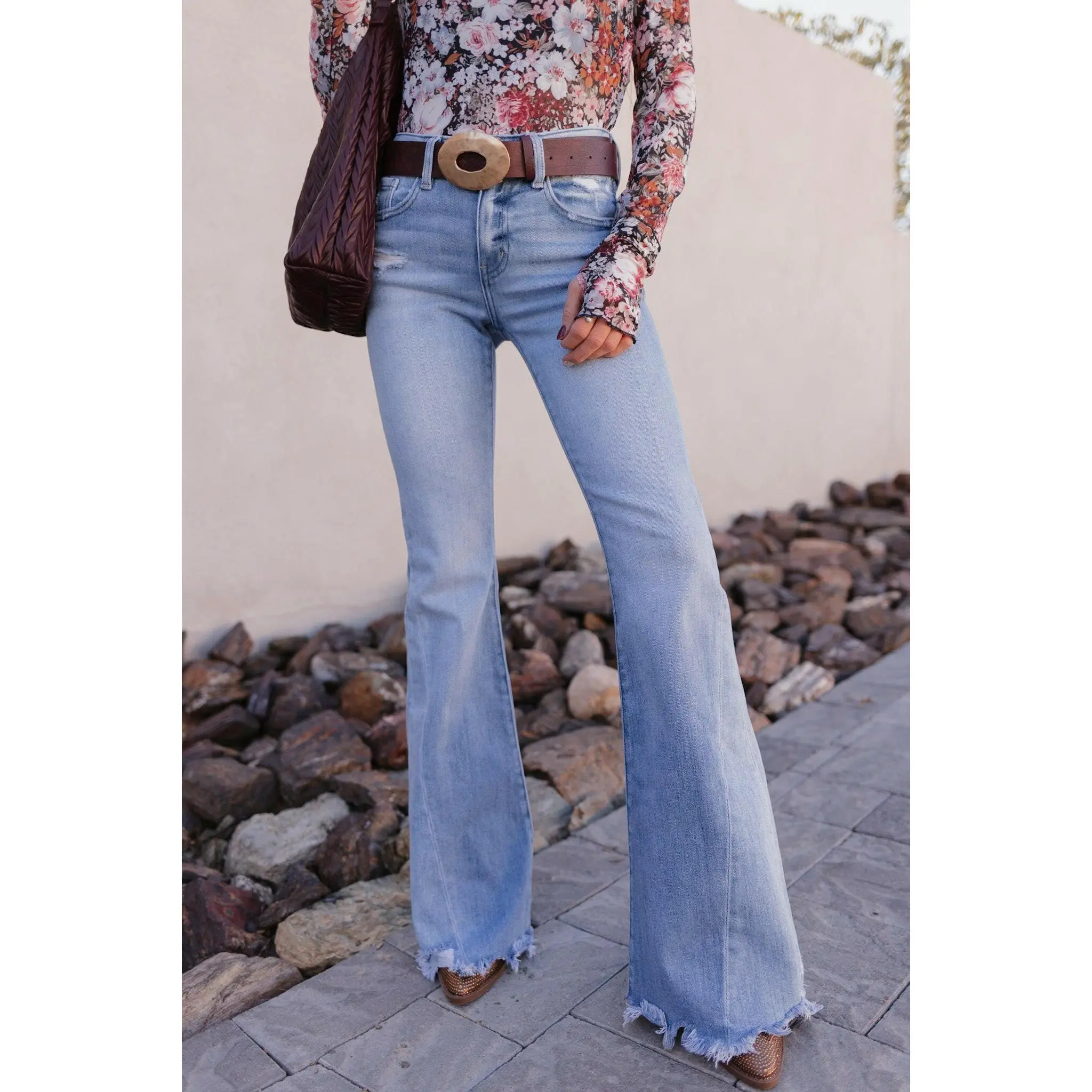 Women's Kancan Juliet Mid Rise Raw Hem Stretch Fit Cotton Denim Flare Jeans, Women's Bottom