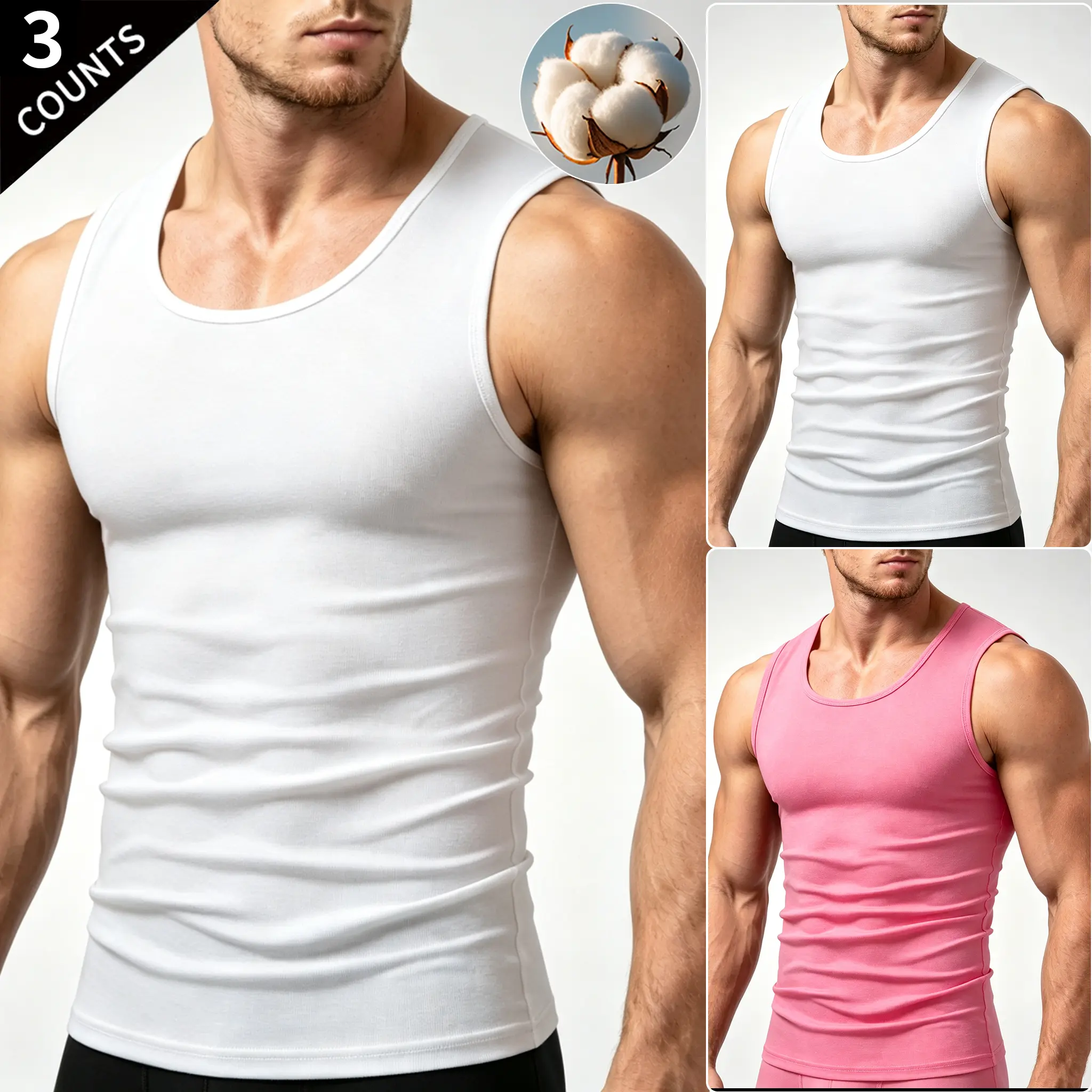 Men's Cotton Crew Neck Tank Tops - 3-Pack Slim-Fit Sleeveless Undershirts for Casual Gym Workout Layering