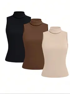 Women's Solid Color Sleeveless Stand Collar Vest Set, Casual Daily Wear, High Neck Plain Top, 3 Piece Set