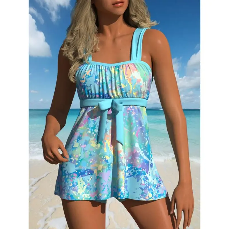 Women's Cold Shoulder Sleeve Swim Dress with Built-in Shorts, Tropical Splatter Print, Multicolor 62, XXL, Customizable Fit, Breathable Quick-Drying Synthetic Beach Cover-Up, Short Length, Tie, Hand Wash Only, Beach Party