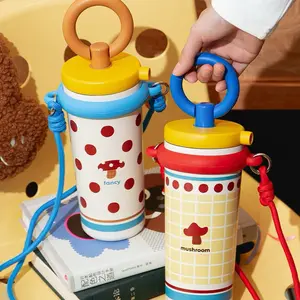 Cute Mushroom Insulated Straw Cup with Lid and Strap, 316 Stainless Steel, 25oz, Portable & Drinkware tumblers Flasks Loop Mug Bottled Dots